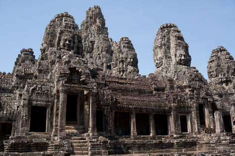 wide shot of the Bayon temples in Angkor Thom, Siem Reap, Cambodia